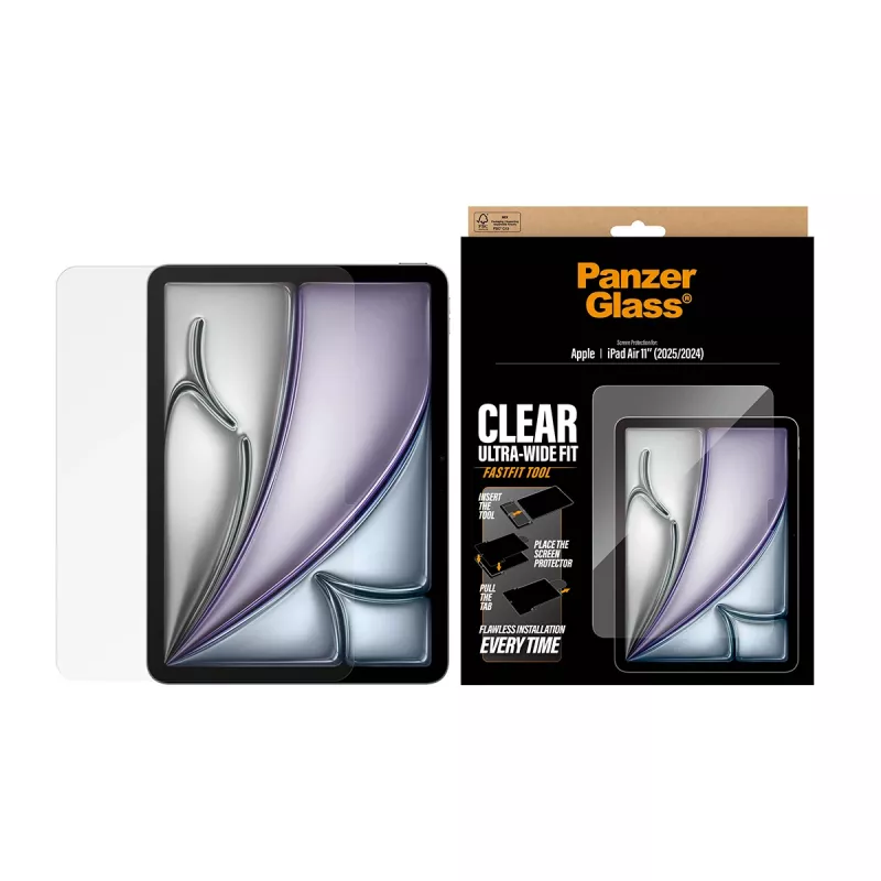 Ekrāna aizsargs PanzerGlass iPad Air 11 collu (2024–2026) ar Ultra‑Wide Fit piemērotību, rūdīts stikls, FastFit instruments