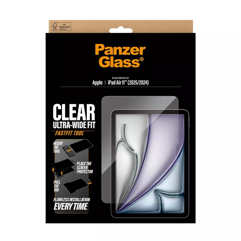 Ekrāna aizsargs PanzerGlass iPad Air 11 collu (2024–2026) ar Ultra‑Wide Fit piemērotību, rūdīts stikls, FastFit instruments