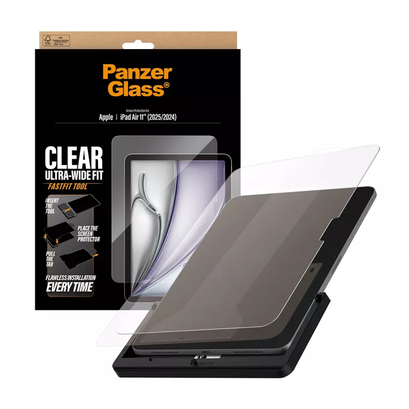 Ekrāna aizsargs PanzerGlass iPad Air 11 collu (2024–2026) ar Ultra‑Wide Fit piemērotību, rūdīts stikls, FastFit instruments