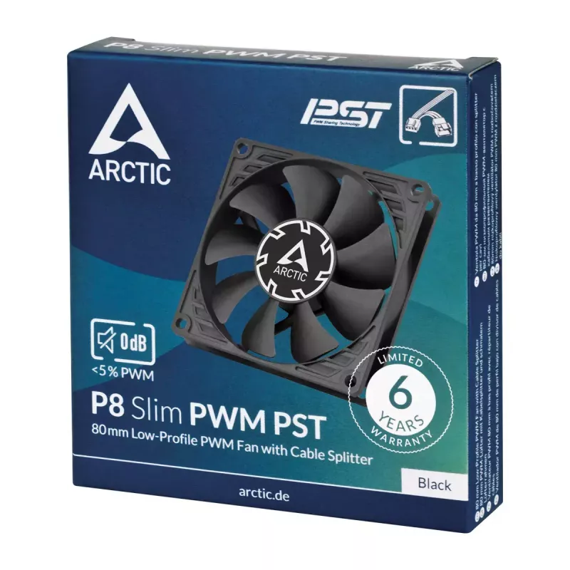 Ventilators Arctic P8 plāns PWM PST 80mm zema profila 38,23 m³/h šķidruma dinamiskais gultnis melns