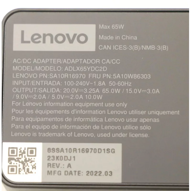 AC Adapter 65W USB Type-C Lenovo 5A10W86303, USB-C PD barošanas bloks 65 W