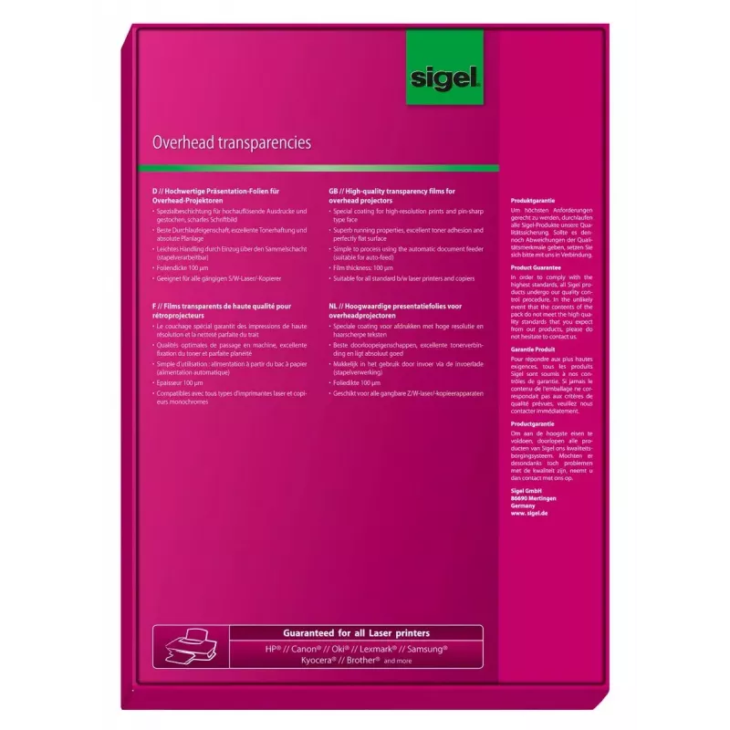 Drukas plēve Laser Sigel LF419 A4 210×297 mm Caurspīdīga 100 loksnes