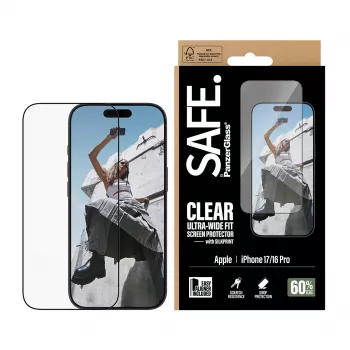 PanzerGlass SAFE. by ® Rūdītā stikla ekrāna aizsargs ar melnu rāmi iPhone 17 | 16 Pro | Īpaši plata piegulšana ar EasyAligner