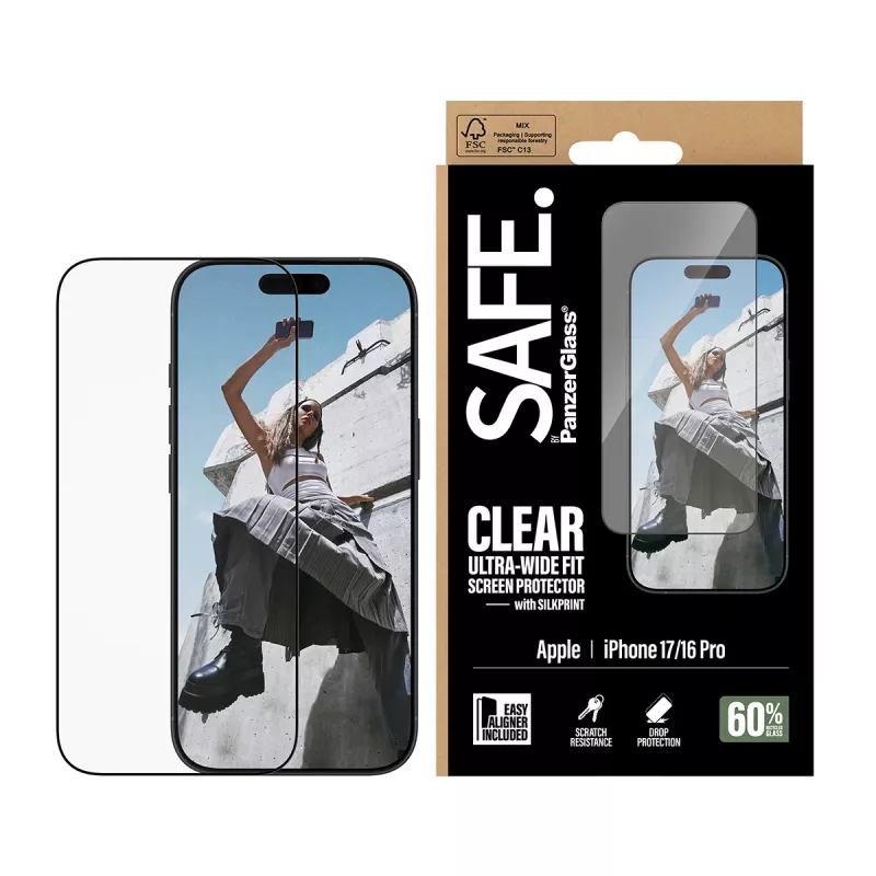PanzerGlass SAFE. by ® Rūdītā stikla ekrāna aizsargs ar melnu rāmi iPhone 17 | 16 Pro | Īpaši plata piegulšana ar EasyAligner