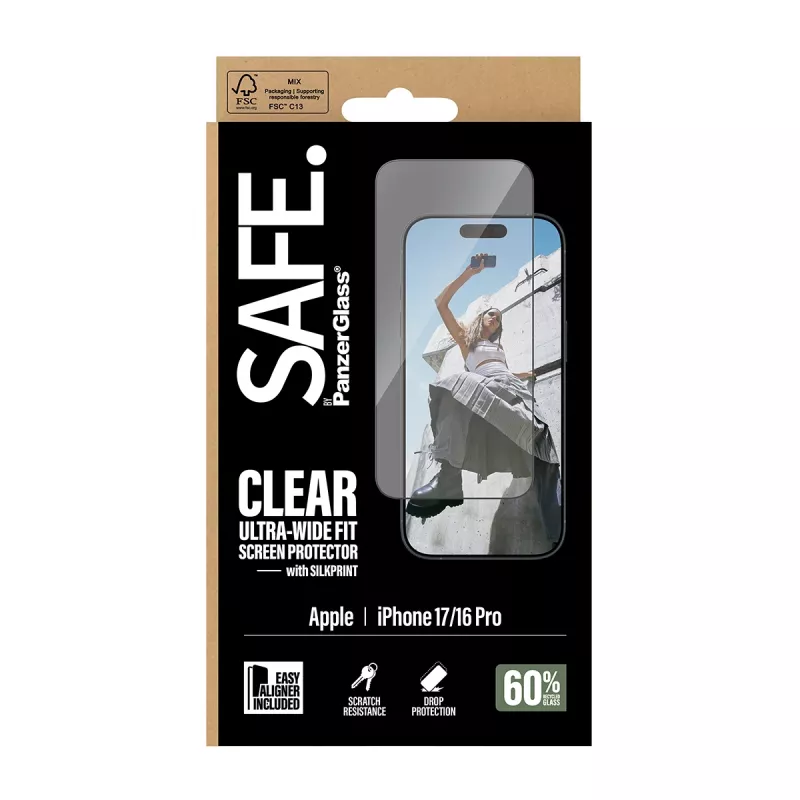 PanzerGlass SAFE. by ® Rūdītā stikla ekrāna aizsargs ar melnu rāmi iPhone 17 | 16 Pro | Īpaši plata piegulšana ar EasyAligner