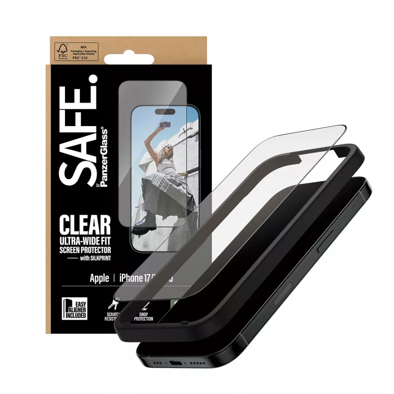 PanzerGlass SAFE. by ® Rūdītā stikla ekrāna aizsargs ar melnu rāmi iPhone 17 | 16 Pro | Īpaši plata piegulšana ar EasyAligner