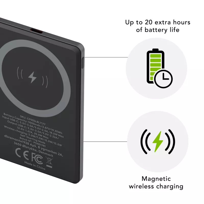 dbramante1928 re-charge - ārējais akumulators 5K bezvadu - pelēks, 5000 mAh, bezvadu uzlāde, 3,87 V, pelēks