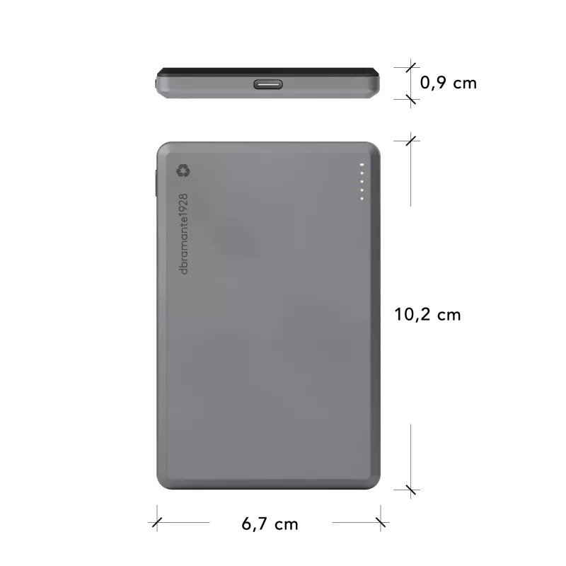 dbramante1928 re-charge - ārējais akumulators 5K bezvadu - pelēks, 5000 mAh, bezvadu uzlāde, 3,87 V, pelēks