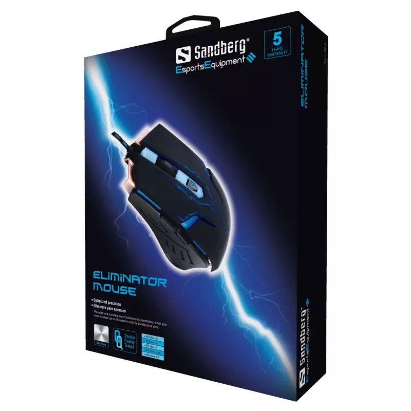 Sandberg Eliminator pele, labās rokas, USB Type-A, 2400 DPI, melna