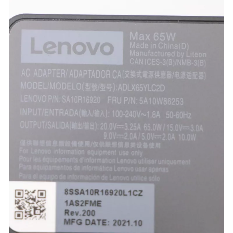 Lenovo 5A10W86253 strāvas adapteris/barošanas bloks Iekštelpām 65 W Melns