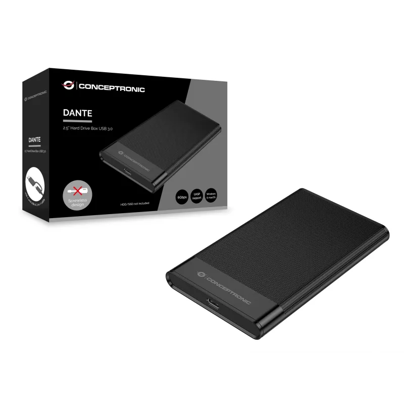 Conceptronic DANTE06B 2,5 collu cietā diska kaste USB 3.0, HDD/SSD korpuss, 2,5 collas, Serial ATA III, 6 Gbit/s, USB savienojamība, melns