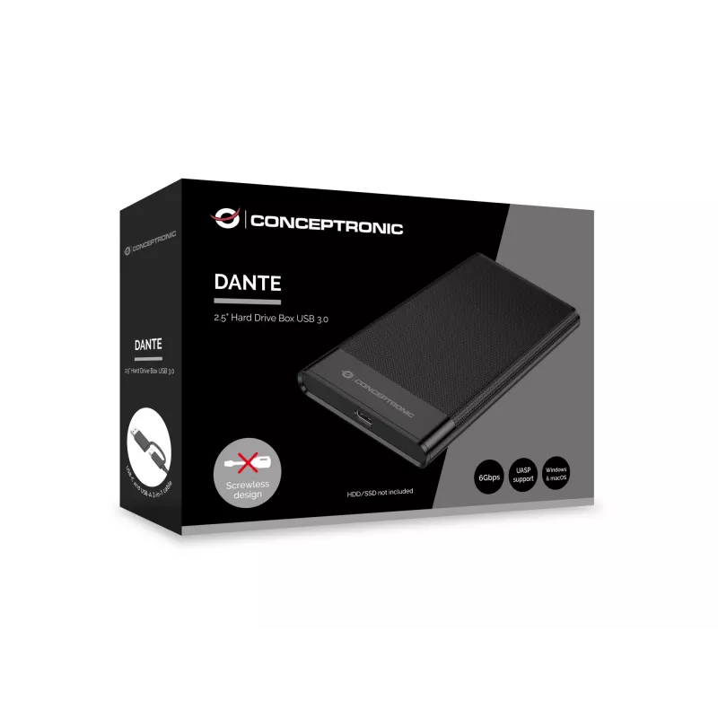 Conceptronic DANTE06B 2,5 collu cietā diska kaste USB 3.0, HDD/SSD korpuss, 2,5 collas, Serial ATA III, 6 Gbit/s, USB savienojamība, melns