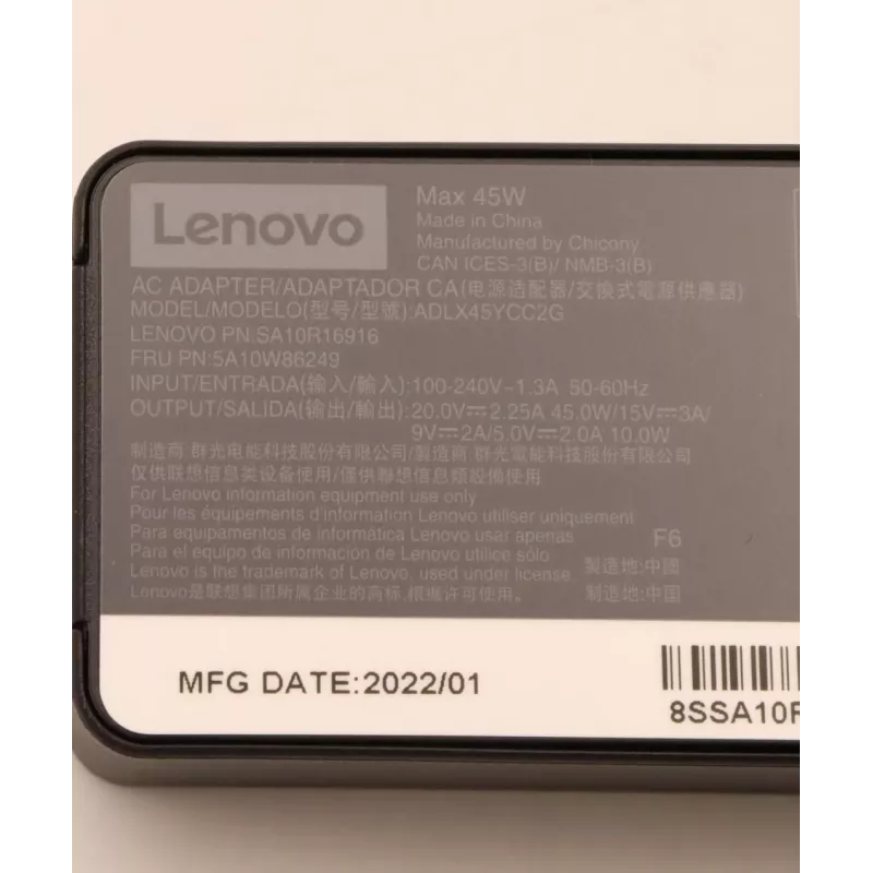 Maiņstrāvas adapteris Lenovo 45W USB-C 5A10W86249 — 45 W USB-C barošanas avots klēpjdatoriem un ierīcēm