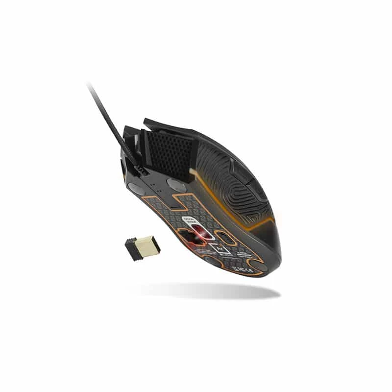 Lexip Ar18 – Bezvadu spēļu pele ar keramikas kājiņām, labroču, optiska, RF bezvadu + USB Type-A, 4800 DPI, melna