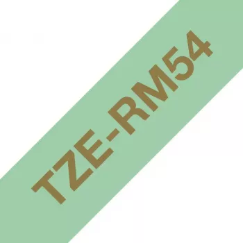 Brother TZE-RM54 etiķešu lente zelta krāsā uz piparmētru zaļas krāsas