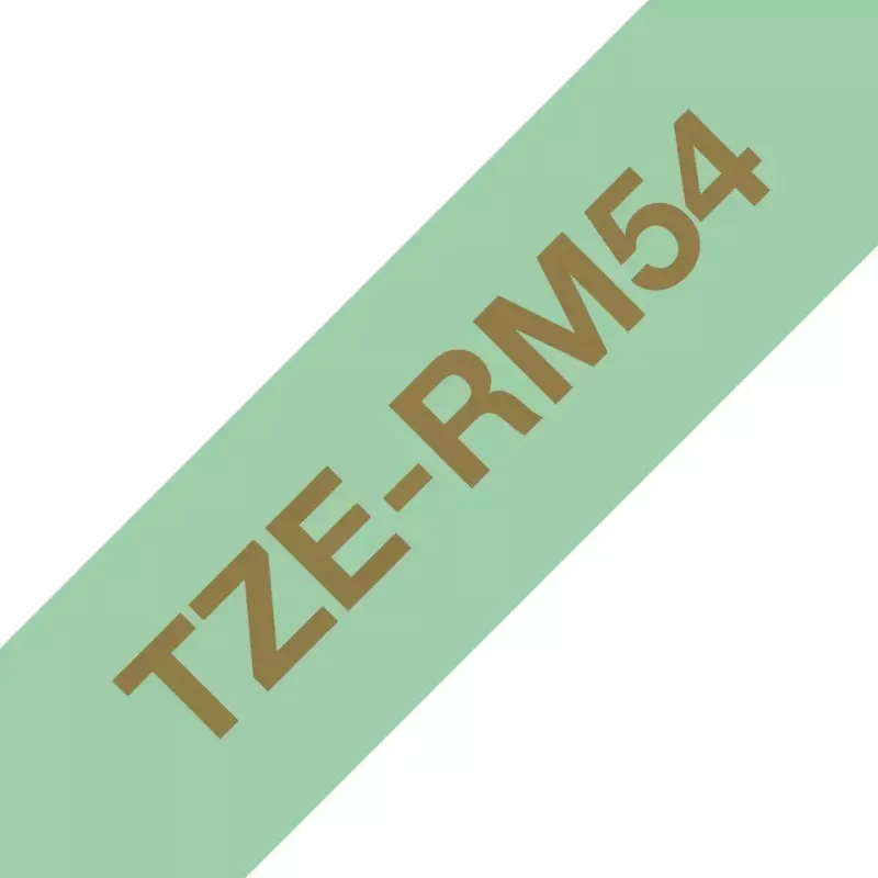 Brother TZE-RM54 etiķešu lente zelta krāsā uz piparmētru zaļas krāsas