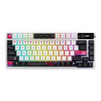 Mehāniskā spēļu tastatūra ASUS ROG Azoth X — 75% izkārtojums, USB + RF bezvadu + Bluetooth, RGB, plaukstas balsts, melna/balta