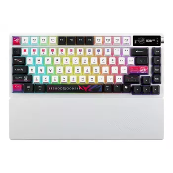 Mehāniskā spēļu tastatūra ASUS ROG Azoth X — 75% izkārtojums, USB + RF bezvadu + Bluetooth, RGB, plaukstas balsts, melna/balta