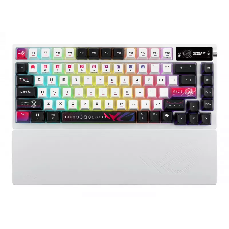 Mehāniskā spēļu tastatūra ASUS ROG Azoth X — 75% izkārtojums, USB + RF bezvadu + Bluetooth, RGB, plaukstas balsts, melna/balta