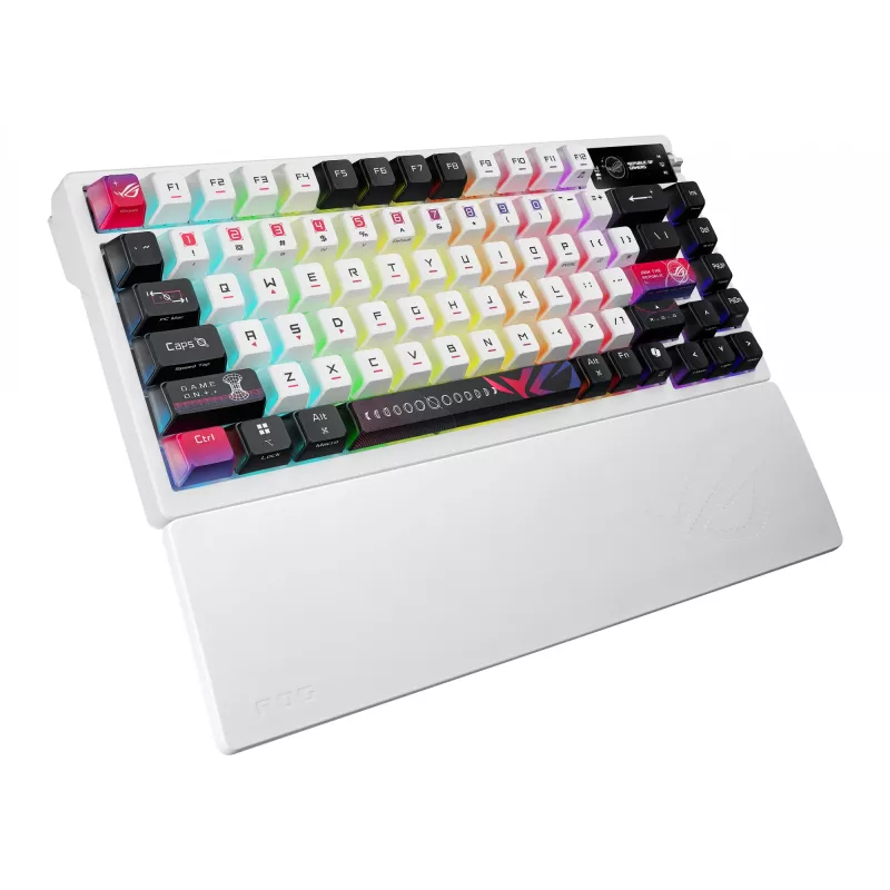 Mehāniskā spēļu tastatūra ASUS ROG Azoth X — 75% izkārtojums, USB + RF bezvadu + Bluetooth, RGB, plaukstas balsts, melna/balta