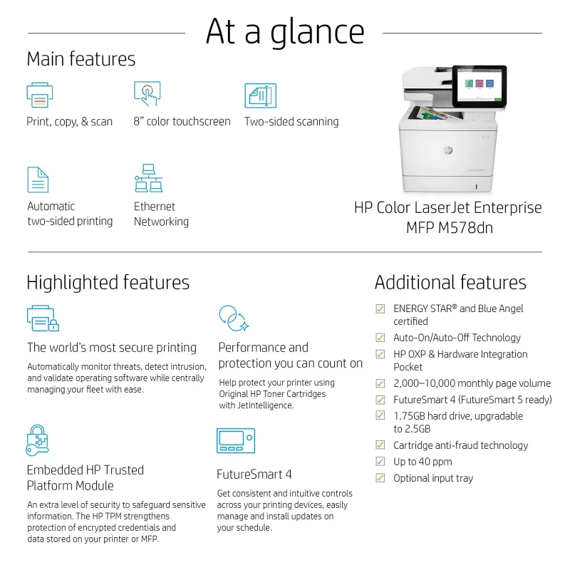 HP Color LaserJet Enterprise MFP M578dn, lāzerprinteris, krāsu druka, 1200 x 1200 DPI, A4, tiešā druka, balts