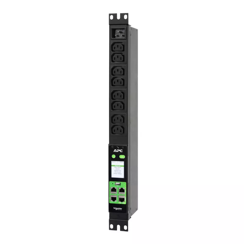 APC Easy PDU Metered 1U 16A 230V (8)C13, Metered, 1U, vienfāzes, vertikāla, melna, 8 maiņstrāvas kontaktligzdas