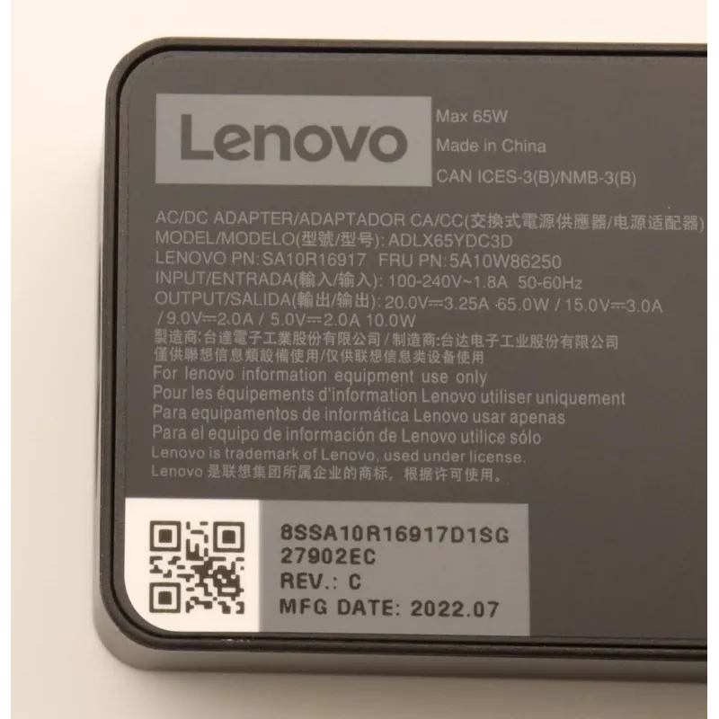 Lenovo 5A10W86250 strāvas adapteris Iekštelpām 65 W Melns