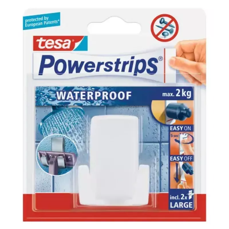Skuvekļu turētājs Tesa Powerstrips Waterproof Wave, līmējošs vannas istabas turētājs, ūdensizturīgs dizains, balts