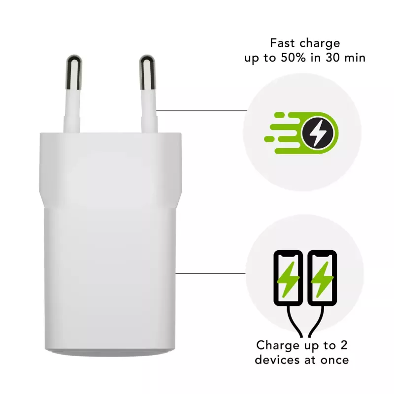 Iekštelpu USB-C 30W + USB-A 18W lādētājs, d bramante — modelis CH18EUWH7082, balts, AC 110–240V