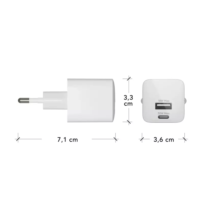 Iekštelpu USB-C 30W + USB-A 18W lādētājs, d bramante — modelis CH18EUWH7082, balts, AC 110–240V