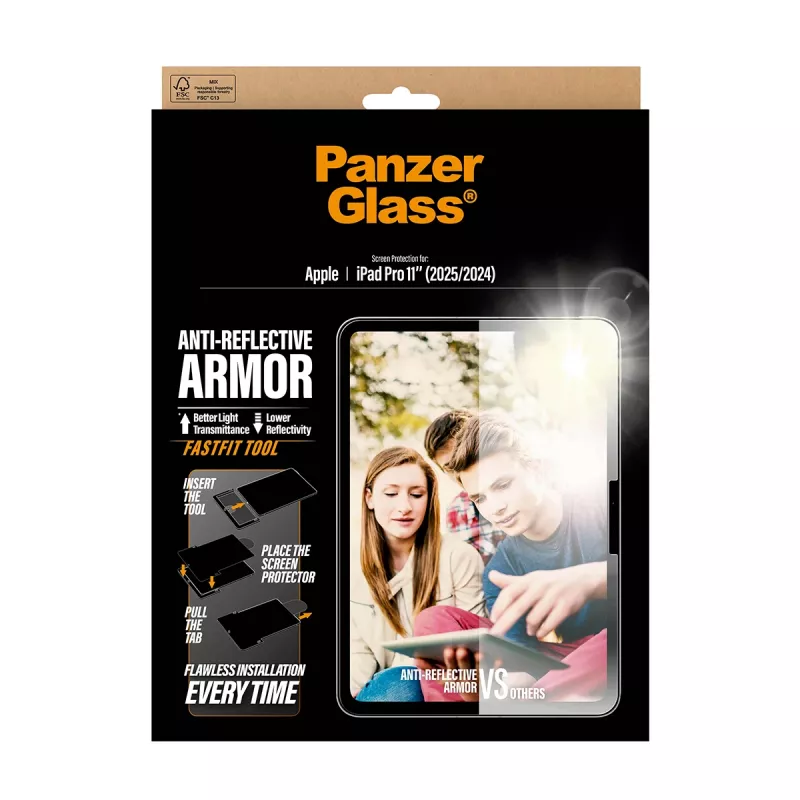 PanzerGlass ® pretatstarojošais bruņu ekrāna aizsargs iPad Pro 11 collas (2024-2025) | Īpaši platais stiprinājums ar Fastfit rīku