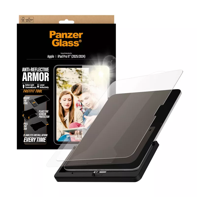 PanzerGlass ® pretatstarojošais bruņu ekrāna aizsargs iPad Pro 11 collas (2024-2025) | Īpaši platais stiprinājums ar Fastfit rīku
