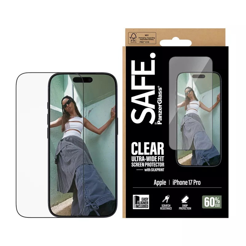 Ekrāna aizsargs PanzerGlass SAFE. by iPhone 17 Pro — īpaši platas PET plēves ar melnu rāmi, sausa uzstādīšana, izturīgs pret skrāpējumiem un triecieniem