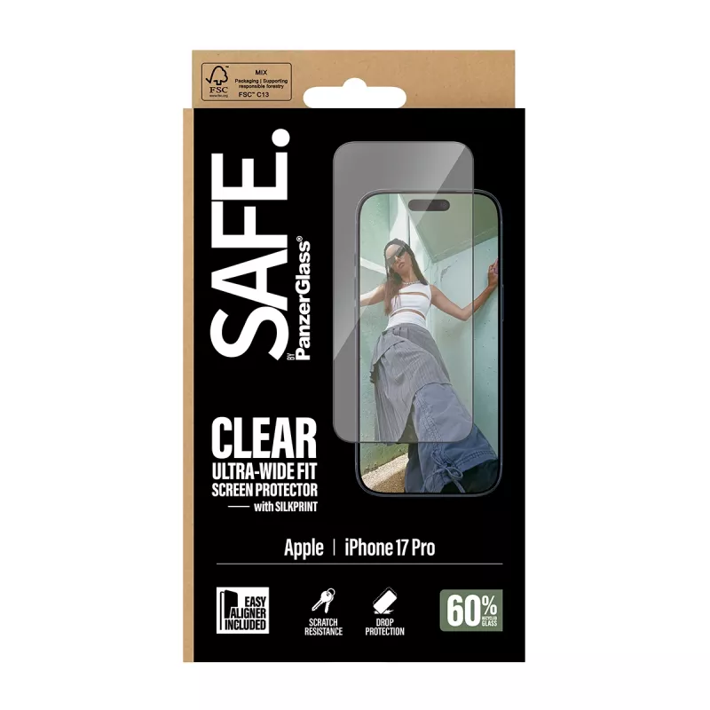 Ekrāna aizsargs PanzerGlass SAFE. by iPhone 17 Pro — īpaši platas PET plēves ar melnu rāmi, sausa uzstādīšana, izturīgs pret skrāpējumiem un triecieniem