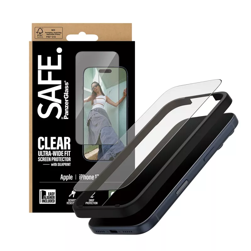 Ekrāna aizsargs PanzerGlass SAFE. by iPhone 17 Pro — īpaši platas PET plēves ar melnu rāmi, sausa uzstādīšana, izturīgs pret skrāpējumiem un triecieniem