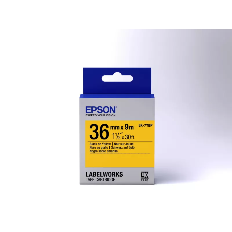 Epson etiķešu kasetne Pastel LK-7YBP melns/dzeltens 36mm (9m), melna uz dzeltena, Japāna, LabelWorks LW-1000P, LW-900P, 3.6 cm, 9 m, 1 gab.
