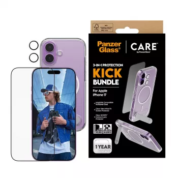 Aizsargapvalks PanzerGlass CARE Feature Kick 3w1 iPhone 17 ar iebūvētu ekrāna stiklu un kameras lēcu aizsardzību