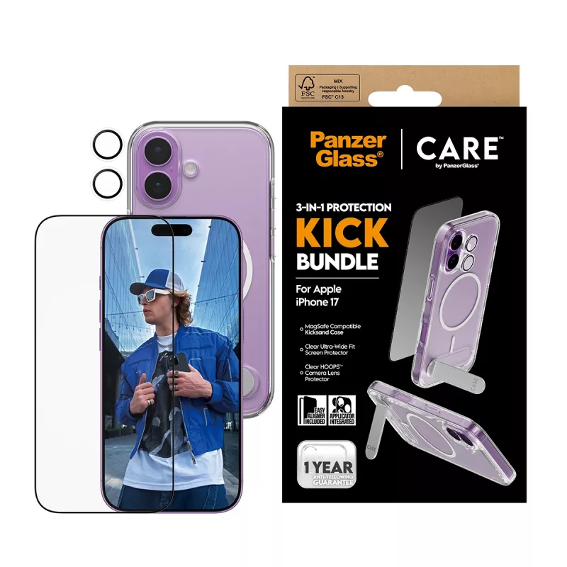 Aizsargapvalks PanzerGlass CARE Feature Kick 3w1 iPhone 17 ar iebūvētu ekrāna stiklu un kameras lēcu aizsardzību