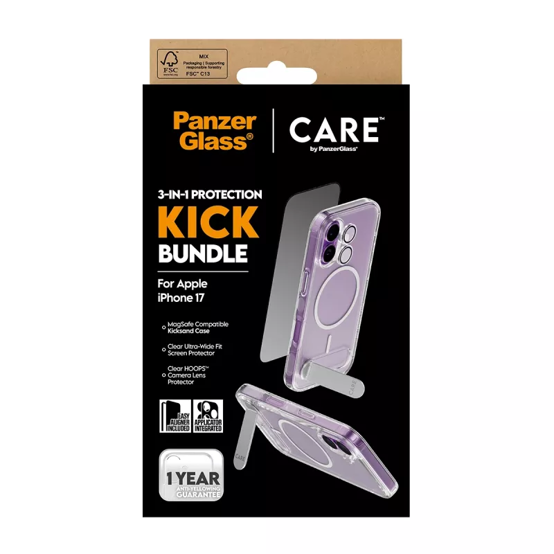 Aizsargapvalks PanzerGlass CARE Feature Kick 3w1 iPhone 17 ar iebūvētu ekrāna stiklu un kameras lēcu aizsardzību