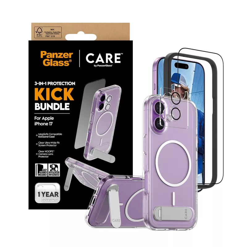 Aizsargapvalks PanzerGlass CARE Feature Kick 3w1 iPhone 17 ar iebūvētu ekrāna stiklu un kameras lēcu aizsardzību