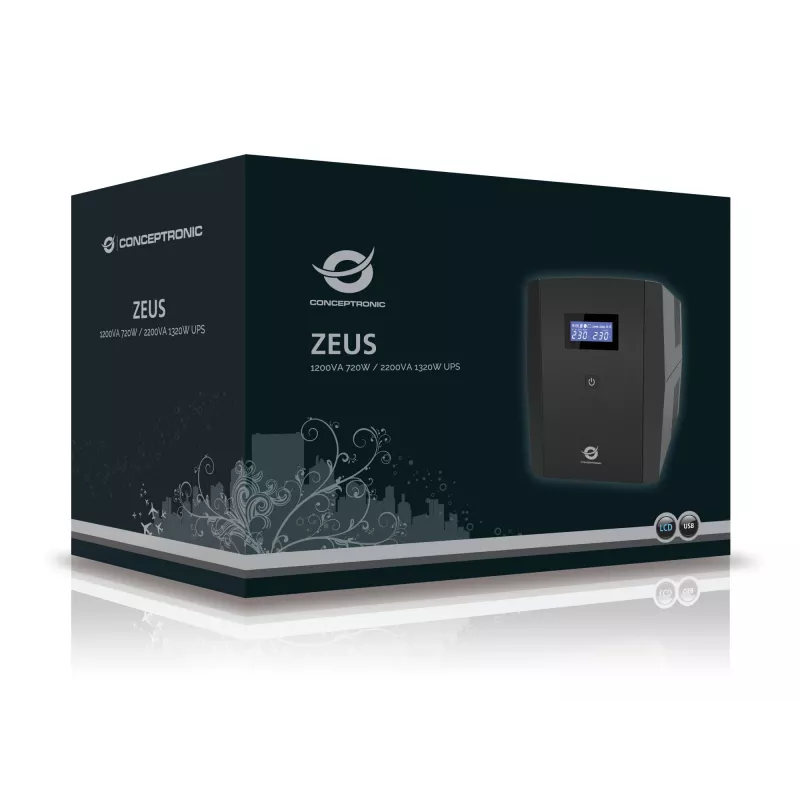 Conceptronic ZEUS 2200VA 1320W UPS, IEC + schuko kontaktligzda, Line-Interactive, 2,2 kVA, 1320 W, 220 V, 240 V, 220 V