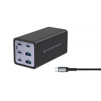 Conceptronic 6 Portu 200 W GaN USB PD lādētājs ar USB-C uzlādes kabeli, USB-C x 4, USB-A x 2, QC 3.0, PD 3.1, PPS