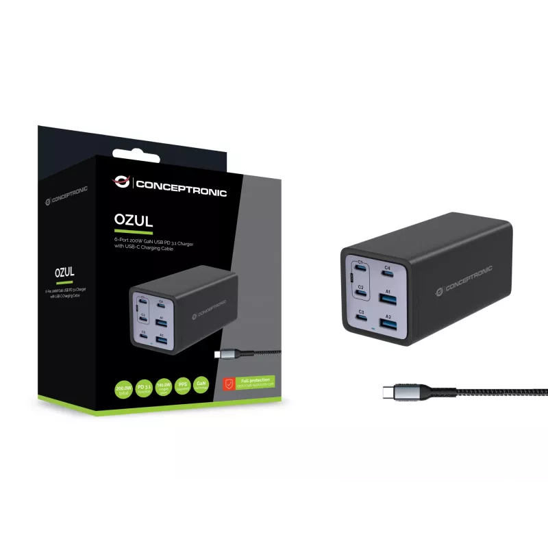 Conceptronic 6 Portu 200 W GaN USB PD lādētājs ar USB-C uzlādes kabeli, USB-C x 4, USB-A x 2, QC 3.0, PD 3.1, PPS