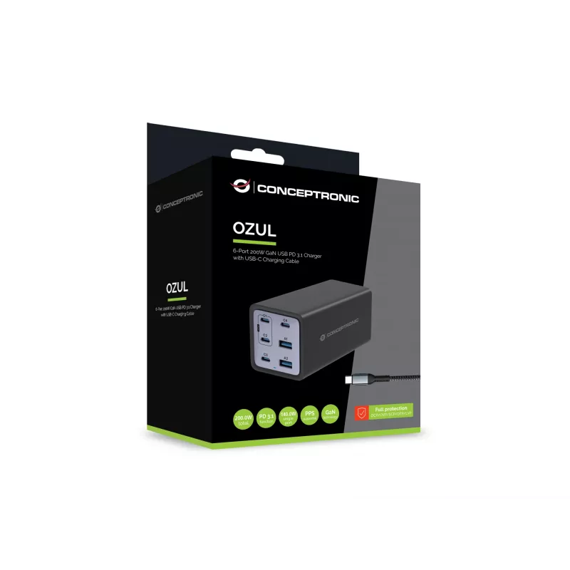 Conceptronic 6 Portu 200 W GaN USB PD lādētājs ar USB-C uzlādes kabeli, USB-C x 4, USB-A x 2, QC 3.0, PD 3.1, PPS