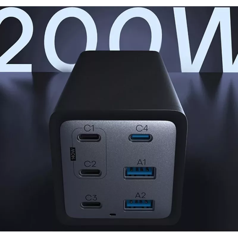 Conceptronic 6 Portu 200 W GaN USB PD lādētājs ar USB-C uzlādes kabeli, USB-C x 4, USB-A x 2, QC 3.0, PD 3.1, PPS