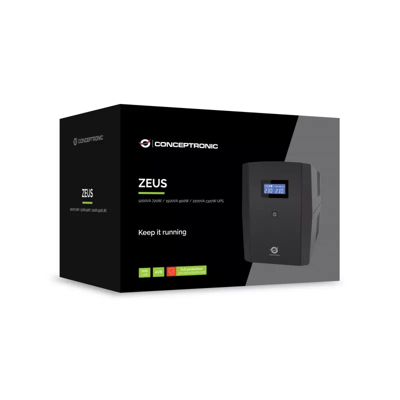 Conceptronic ZEUS04G 2200VA 1320W UPS, UK ligzda x 4, HID USB, RJ45 ieeja/izeja, AVR