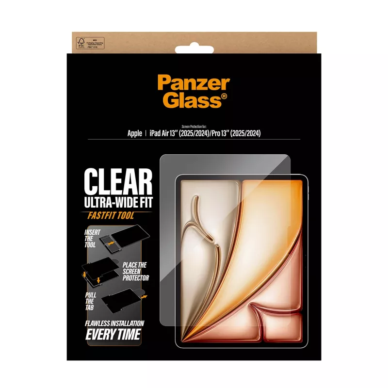 PanzerGlass ® ekrāna aizsargs iPad Air 13 collas (2024–2026) | Pro 13 collas (2024–2025) | Īpaši plats stiprinājums ar Fastfit rīku