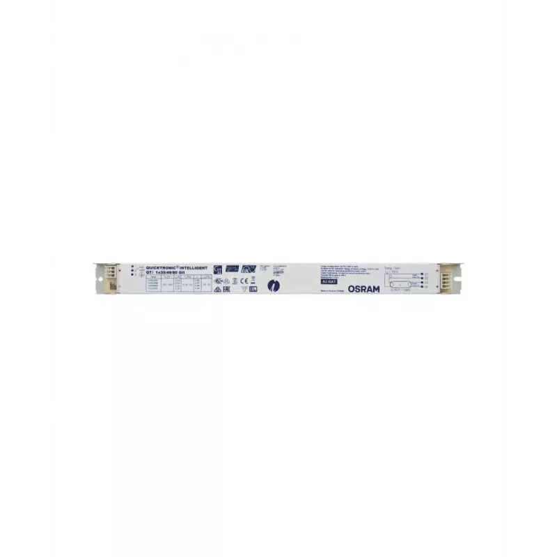 Balasta (elektroniska) Osram QTi 1X35/49/80 GII — kalpošanas laiks 100000 h, maiņstrāva 198–264 V, 50/60 Hz, ieejas strāva 53 A, 360×30×21 mm