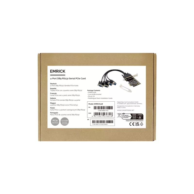 Conceptronic 4 portu DB9 RS232 seriālā PCIe karte, PCIe, RS-232, PCIe 2.0, RS-232, melna, Ķīna