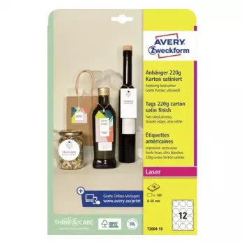 Nelīmējoša etiķete Avery T2004-10 120 gab. Balta Apaļa 6 cm